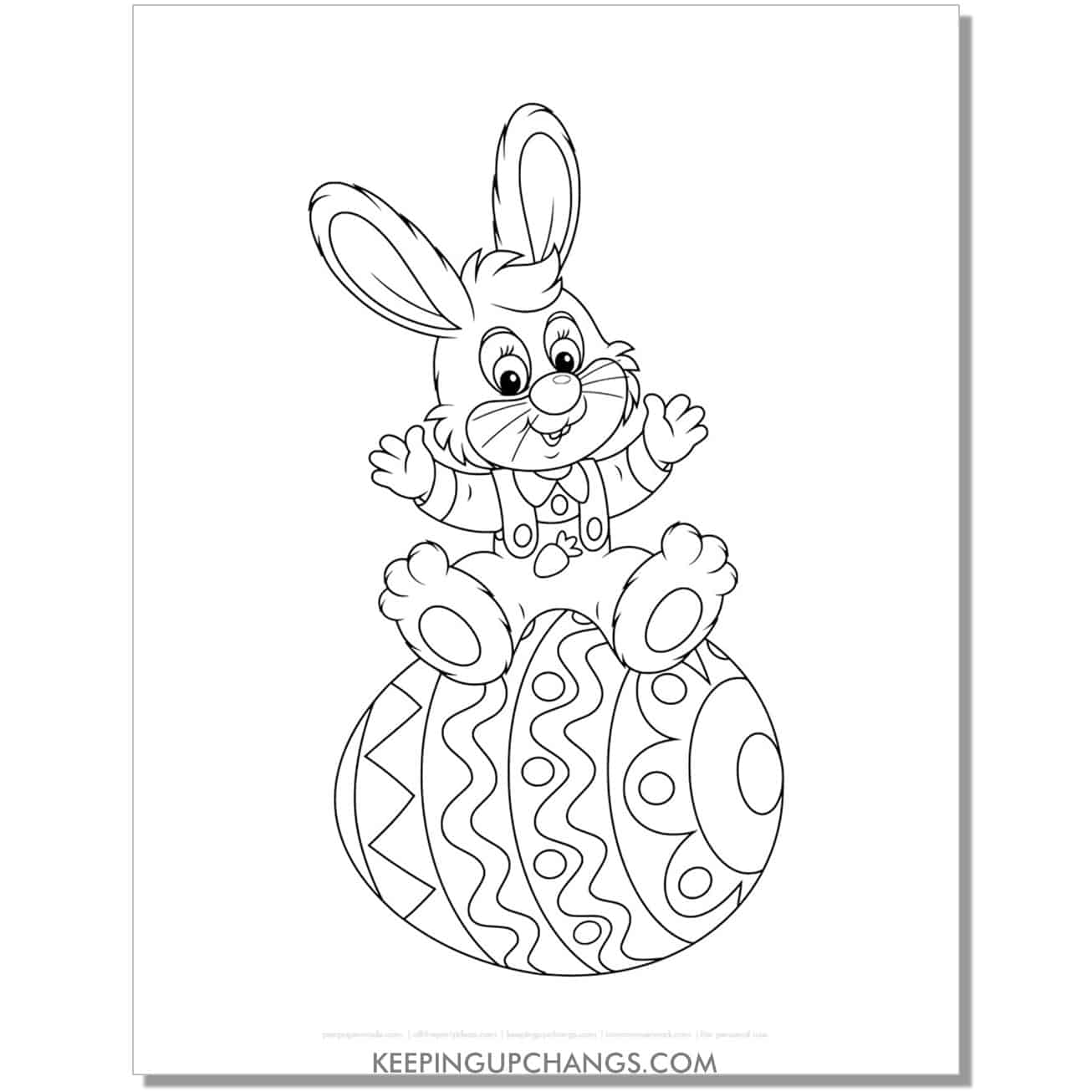 easter bunny in overalls sitting on egg coloring page, sheet.