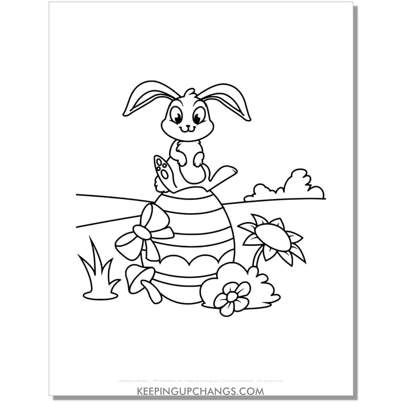 cute easter bunny sitting on egg coloring page, sheet.