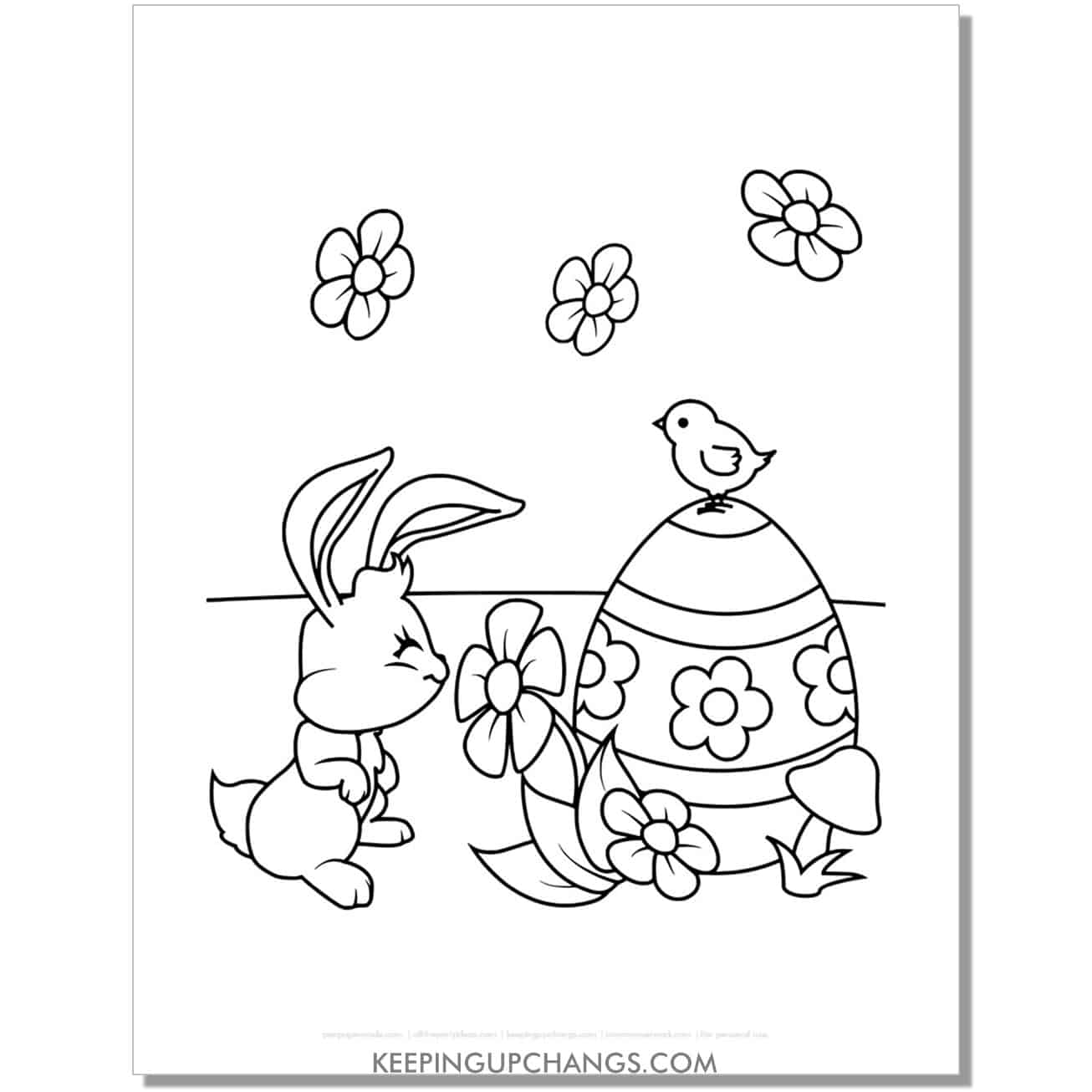 cute easter bunny sniffing flower coloring page, sheet.