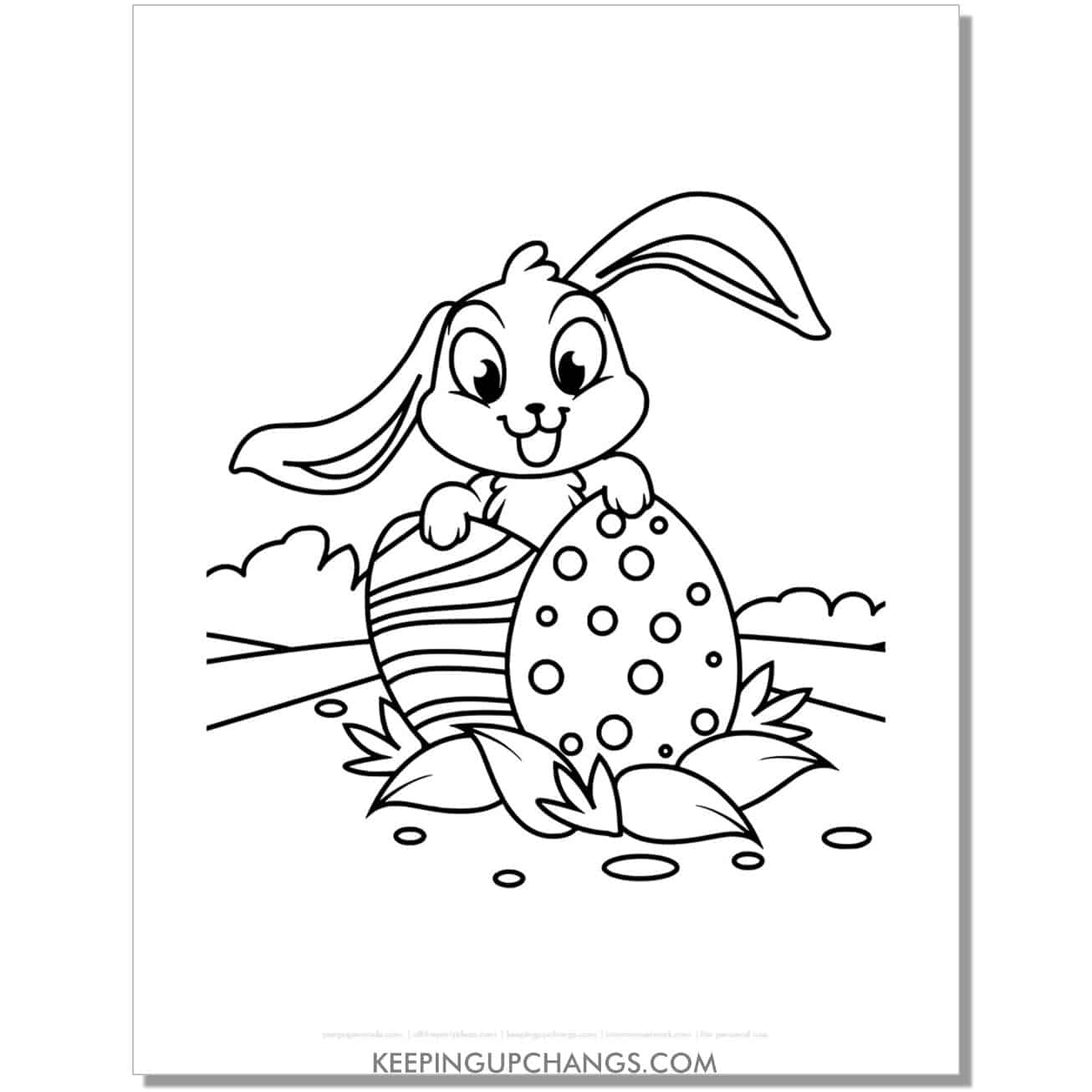 cute easter bunny with striped and spotted eggs coloring page, sheet.
