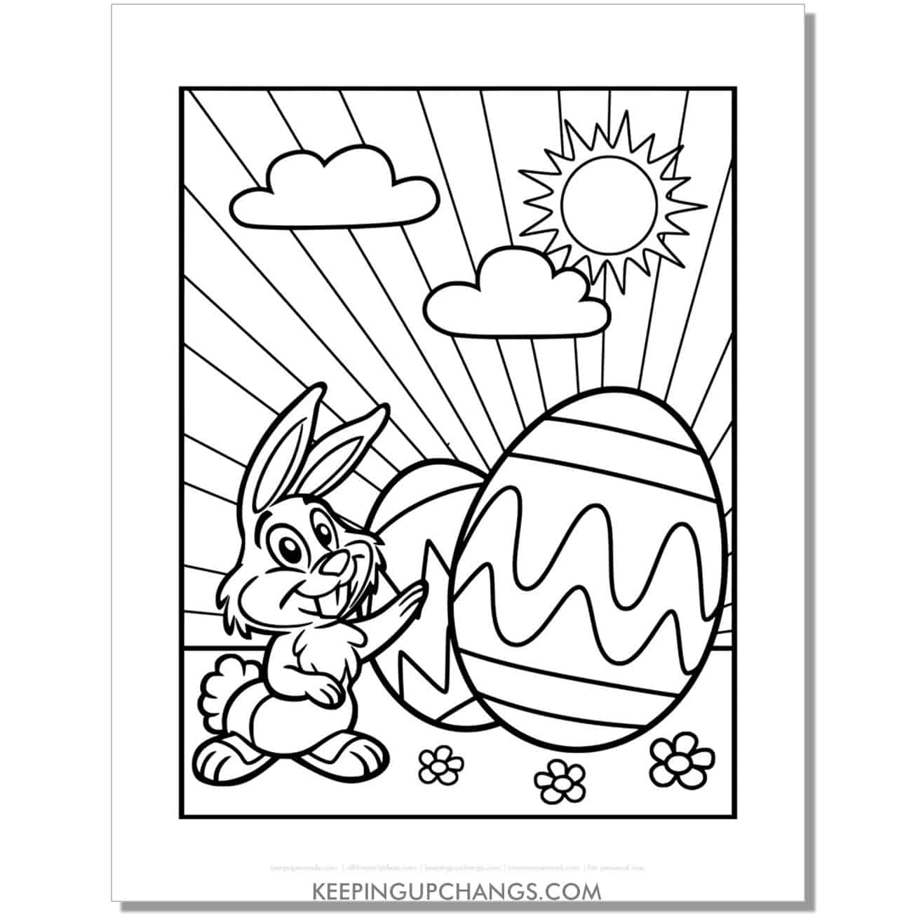 funny easter bunny with eggs, sun, clouds coloring page, sheet.