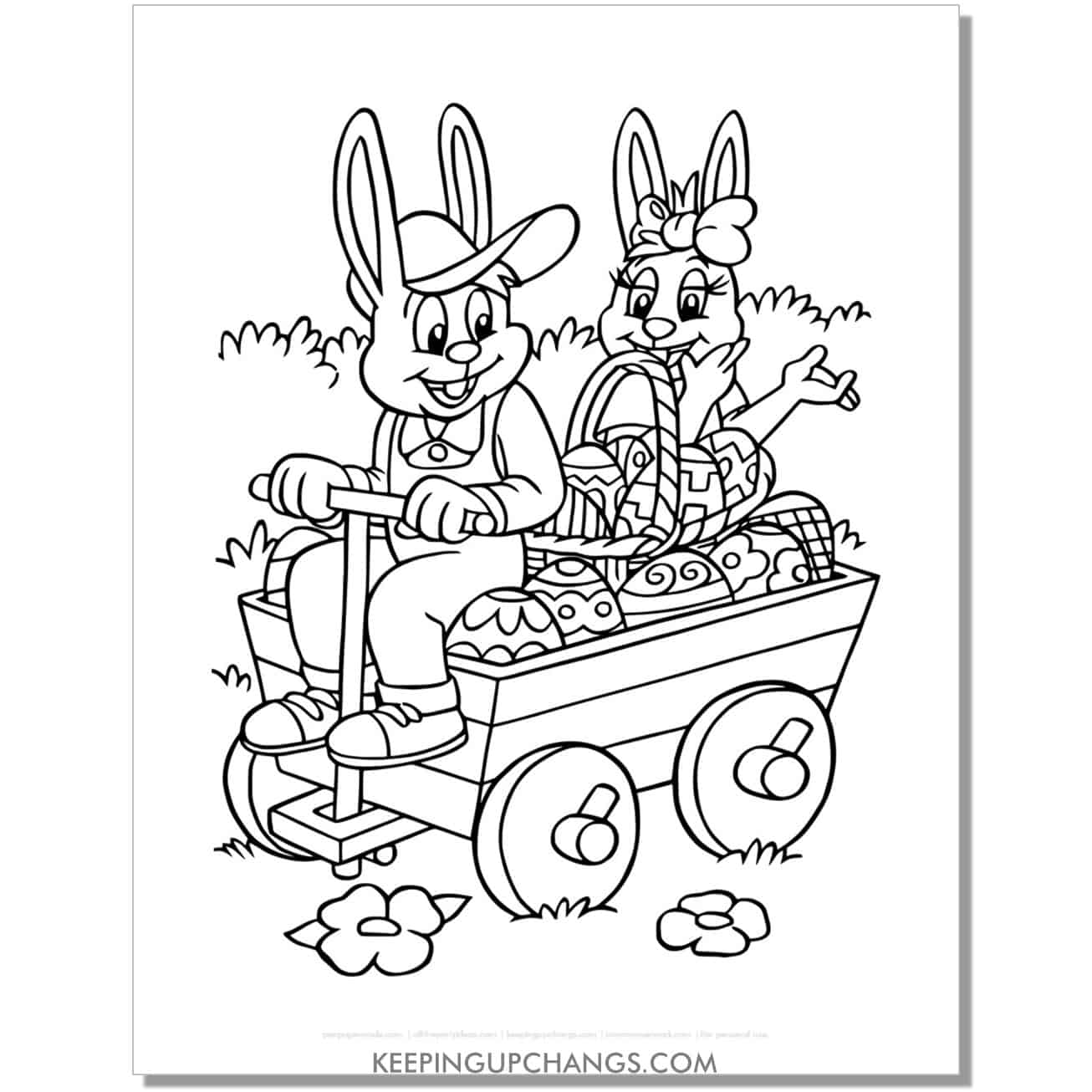 easter bunny driving wagon with eggs coloring page, sheet.