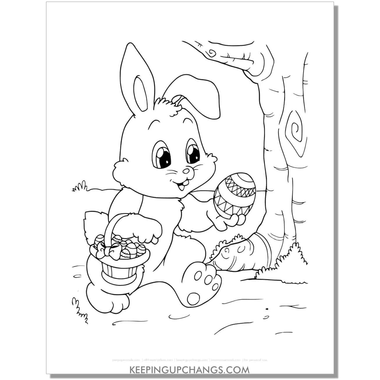 cute easter bunny on egg hunt coloring page, sheet.