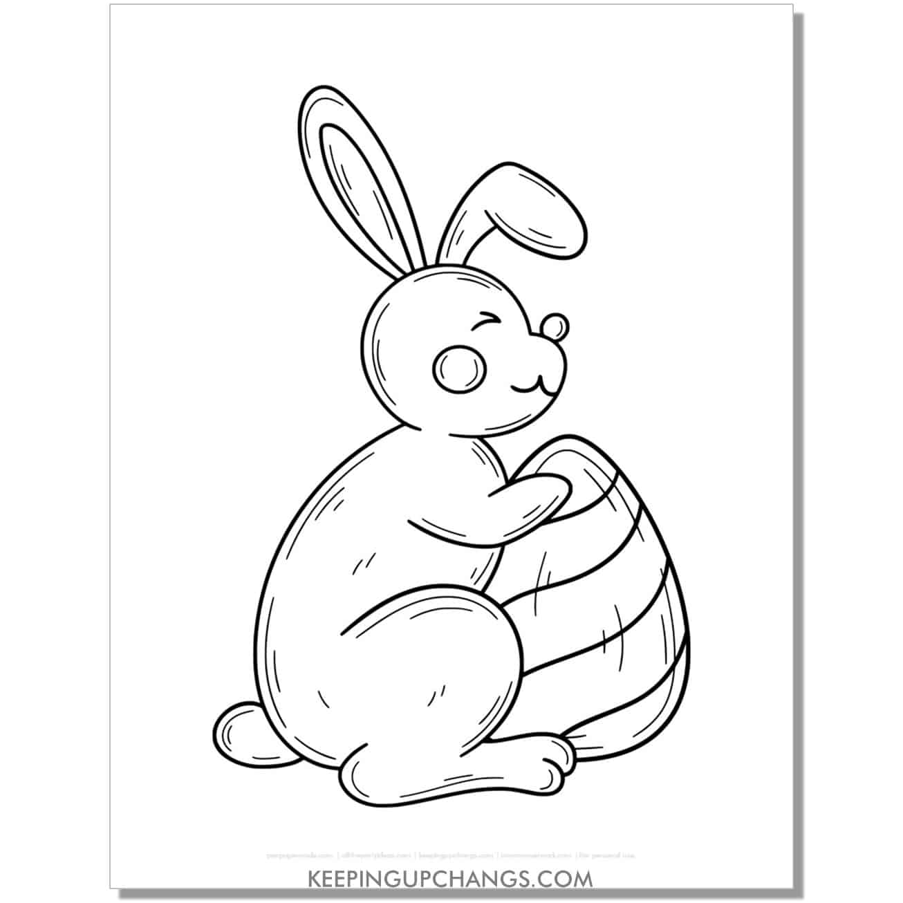 sketch of easter bunny holding striped egg coloring page, sheet.