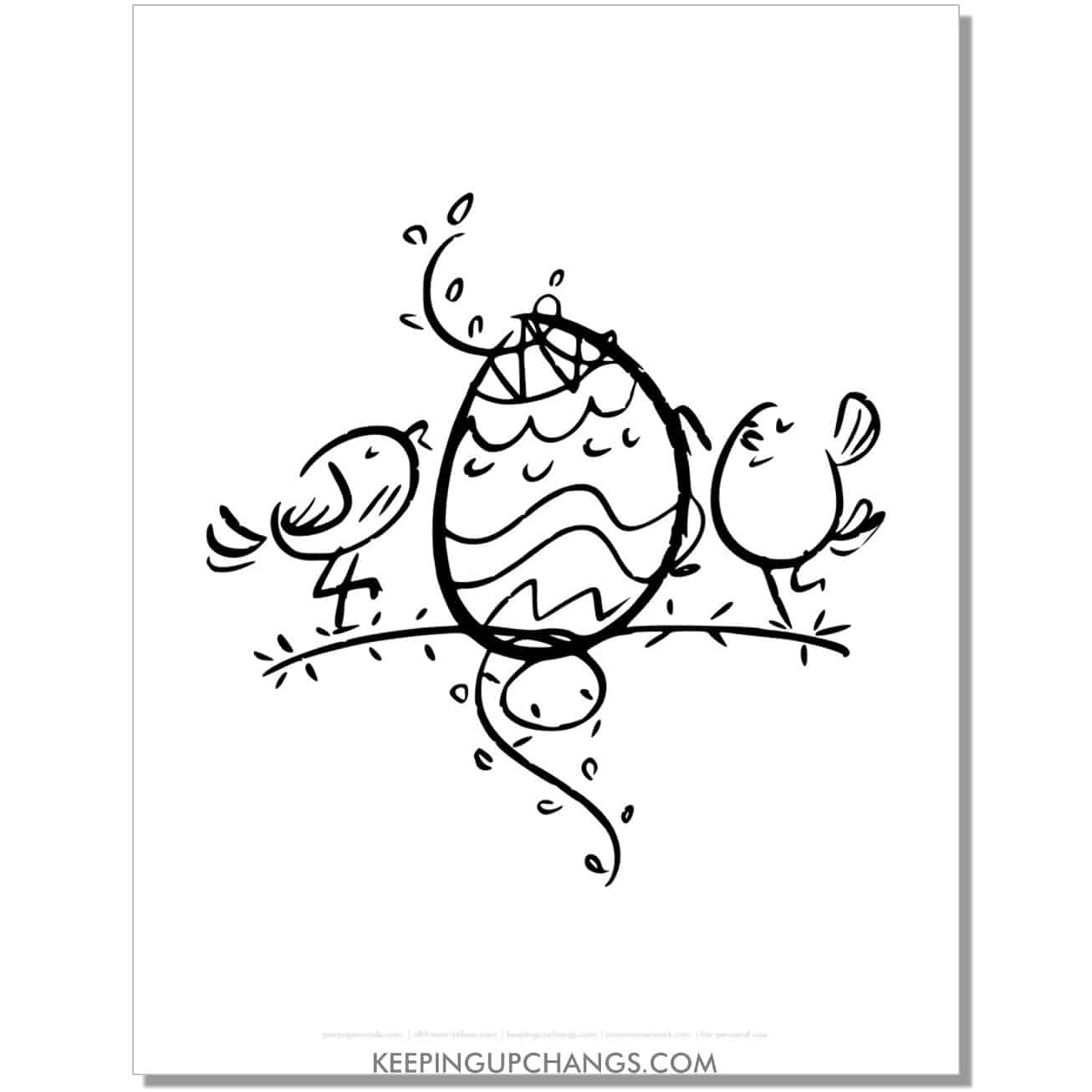 easter chicks on branch with egg coloring page, sheet.