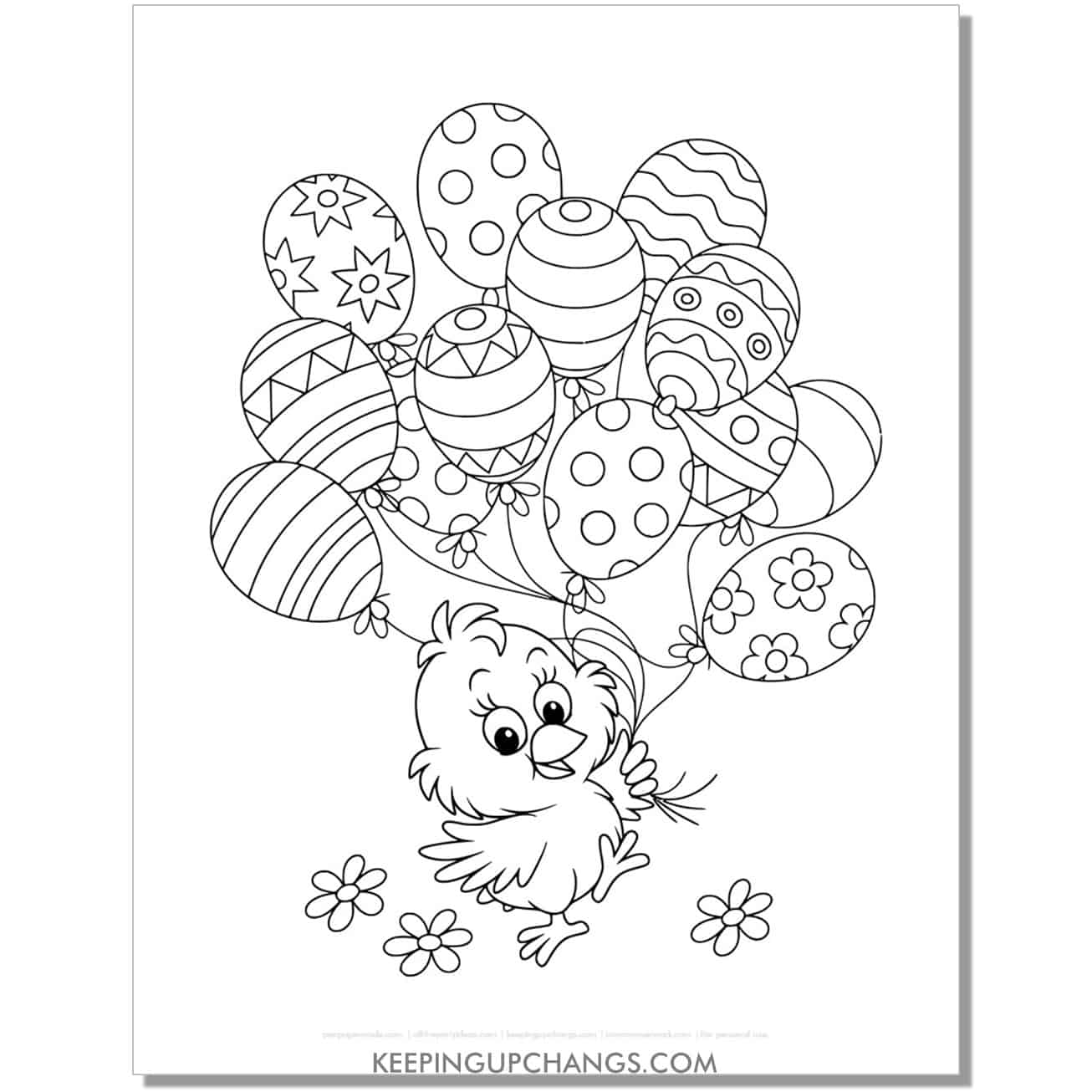 Cute chick holding bunch of Easter balloons coloring page, sheet.