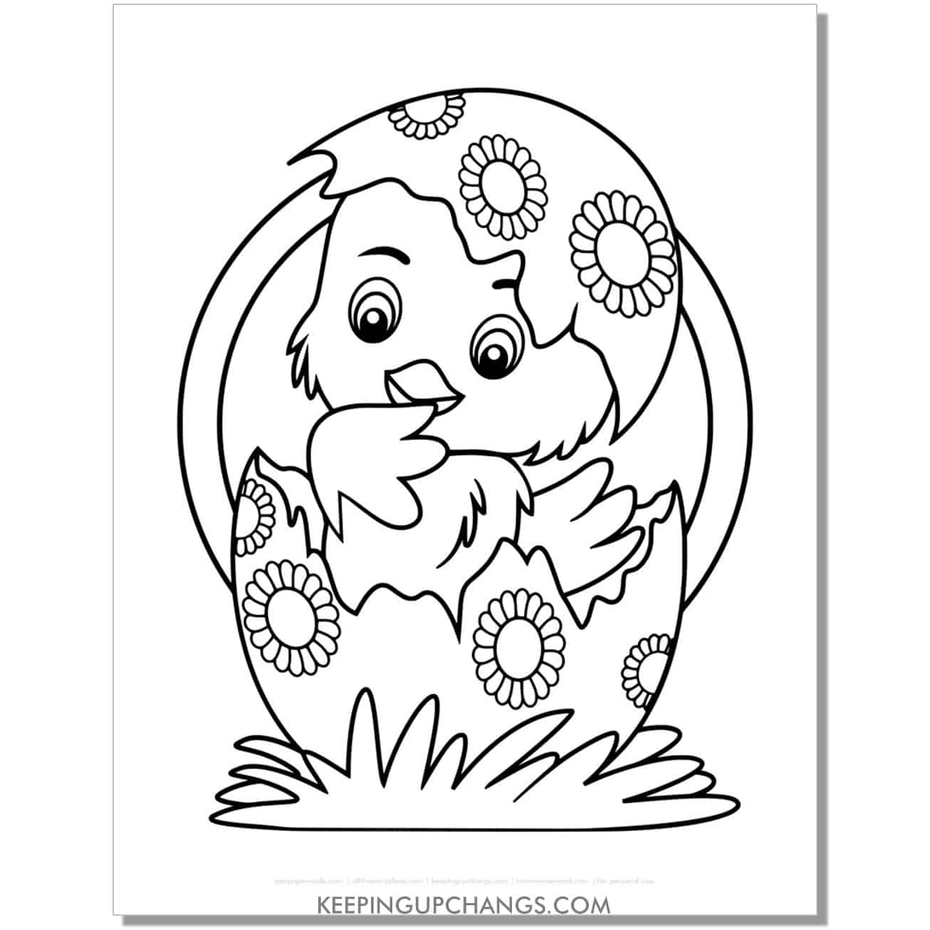 easter chick with flower egg coloring page, sheet.