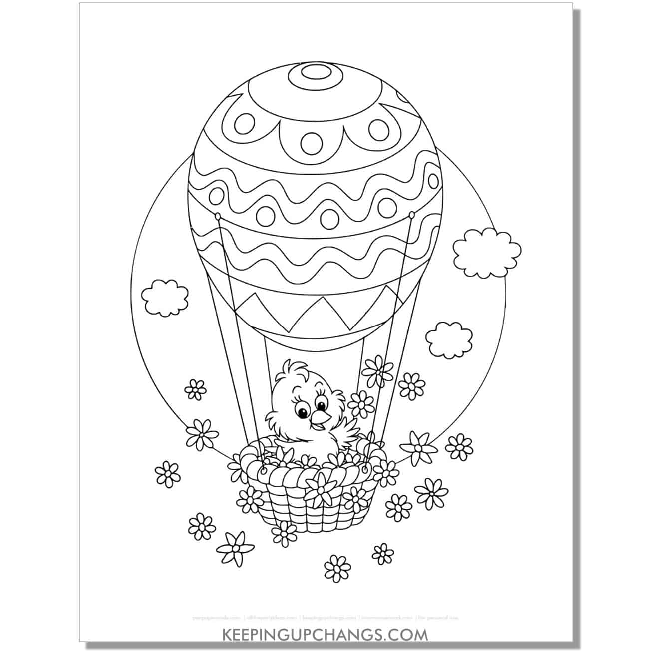 Adorable chick riding in Easter egg hot air balloon coloring page, sheet.