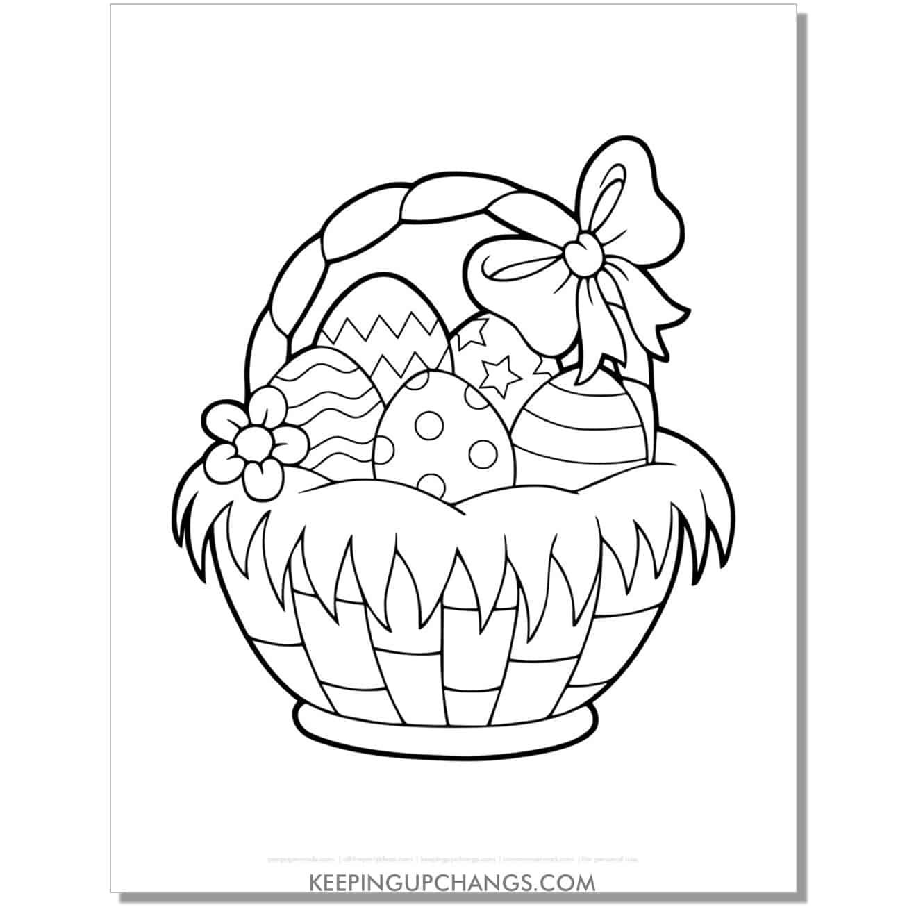 fun Easter eggs resting on long grass in woven basket coloring page, sheet.