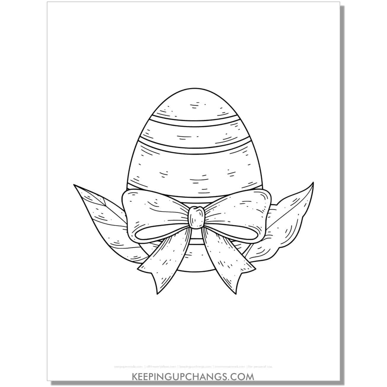 easter egg with bow and leaves coloring page, sheet.