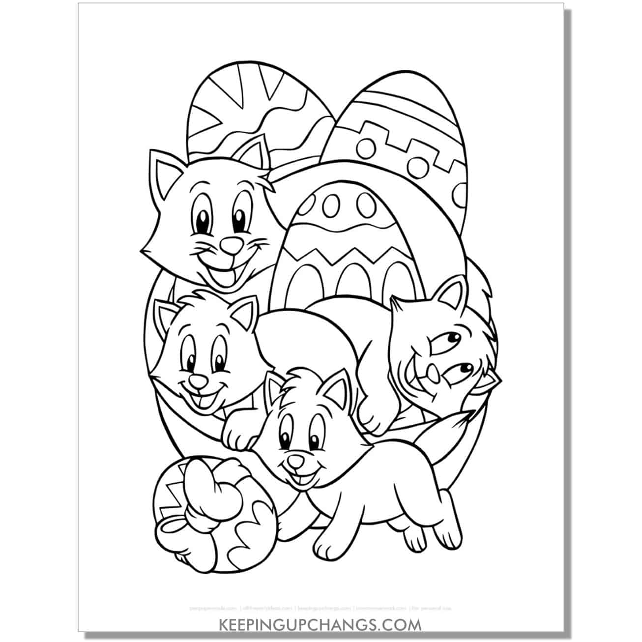 easter eggs and cats coloring page, sheet.