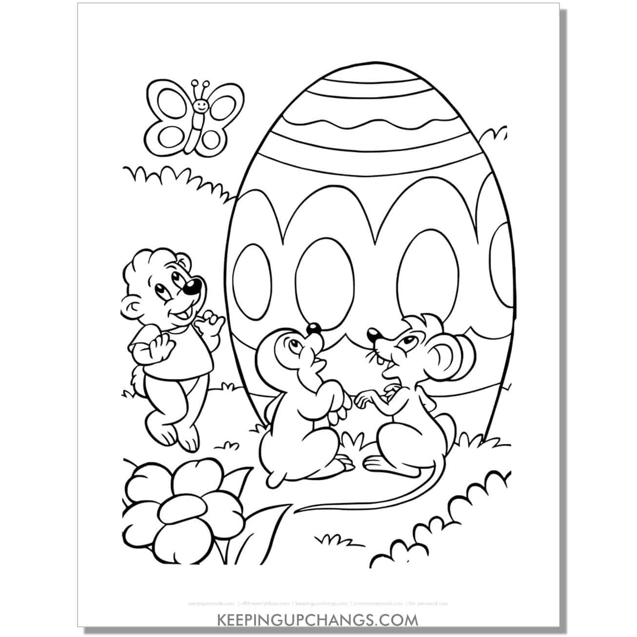 spring animals with easter egg coloring page, sheet.