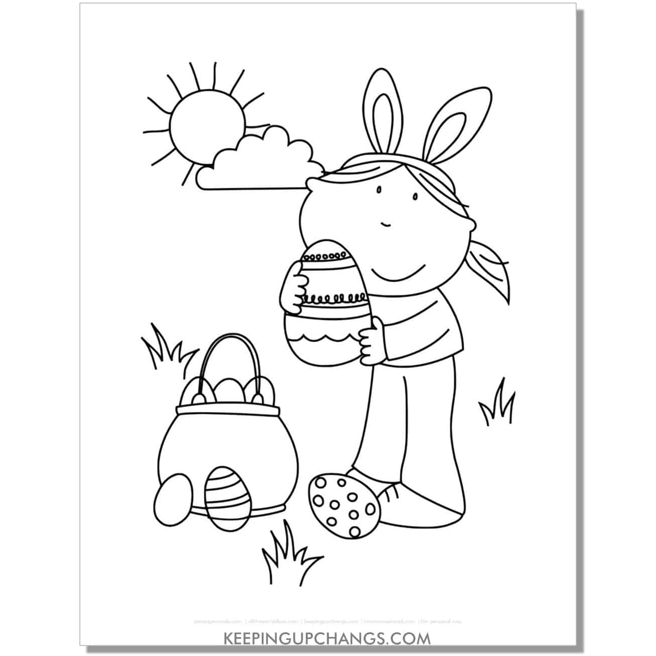 girl with bunny ears on easter egg hunt coloring page, sheet.