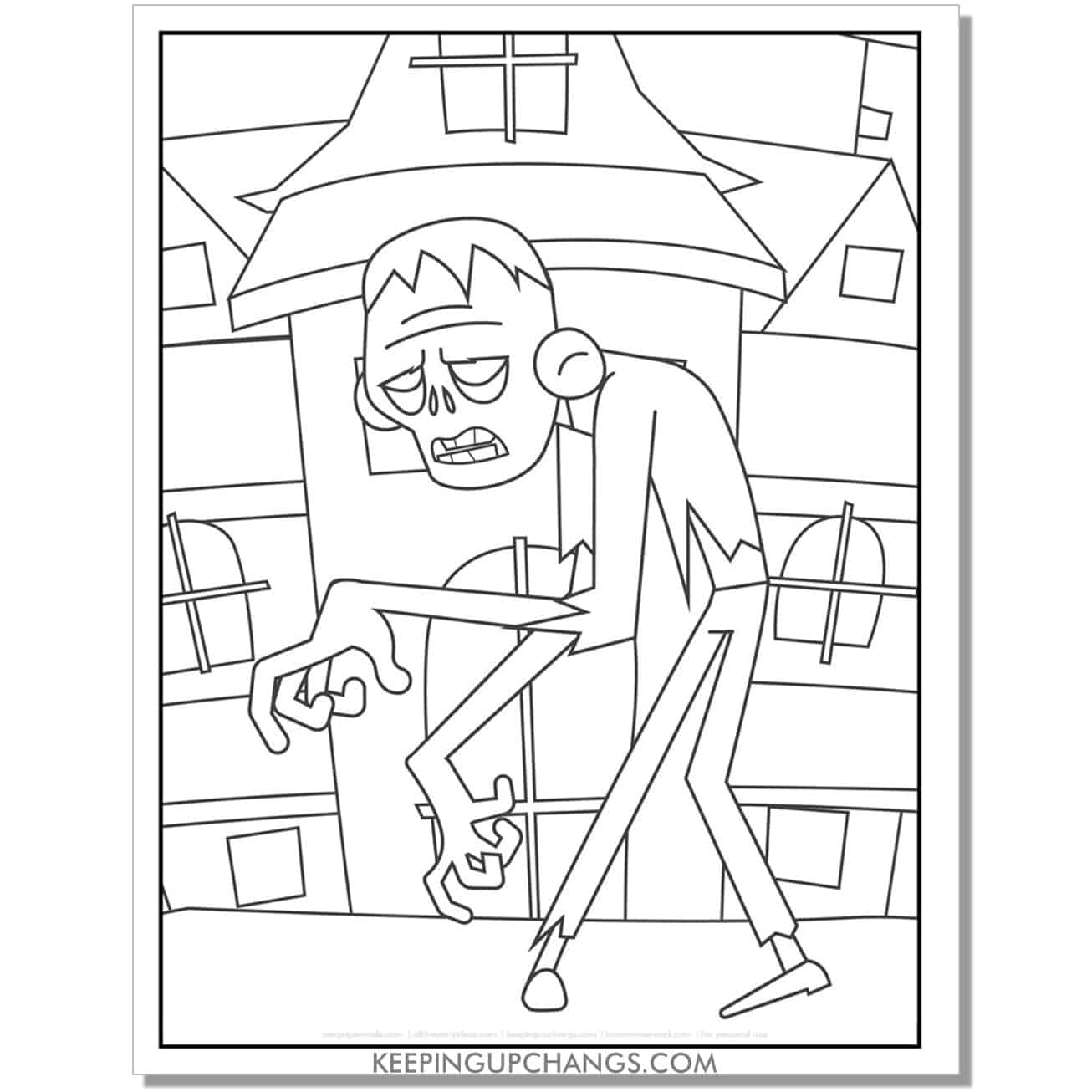 free frankenstein zombie haunted house coloring page.
