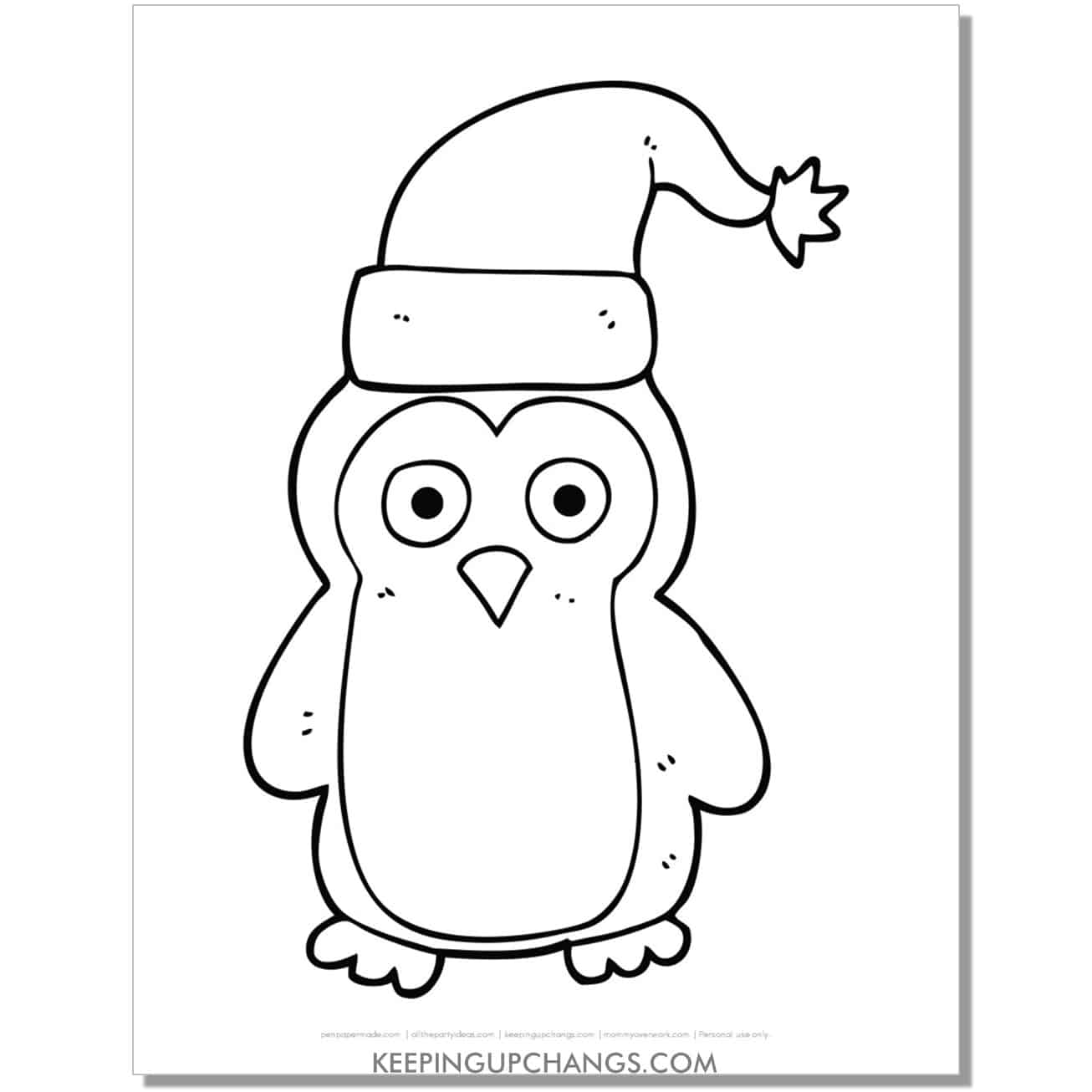 free funny penguin with santa hat coloring page.