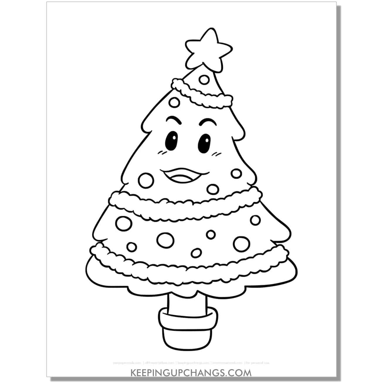 free christmas tree with emoji face coloring page.