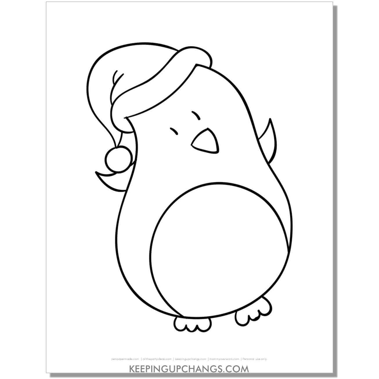 free simple penguin in santa hat coloring page.