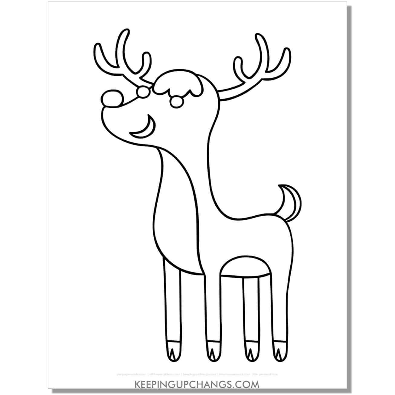 free easy, simple reindeer coloring page for kindergarten, toddlers, preschool.