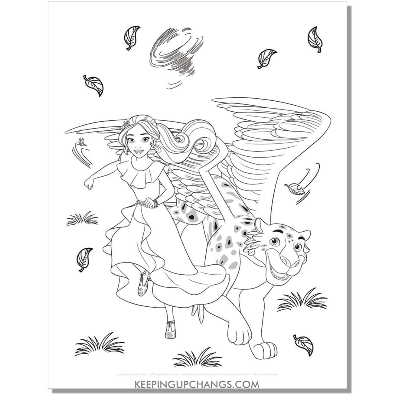 elena and jaquin with flying leaves coloring page, sheet.
