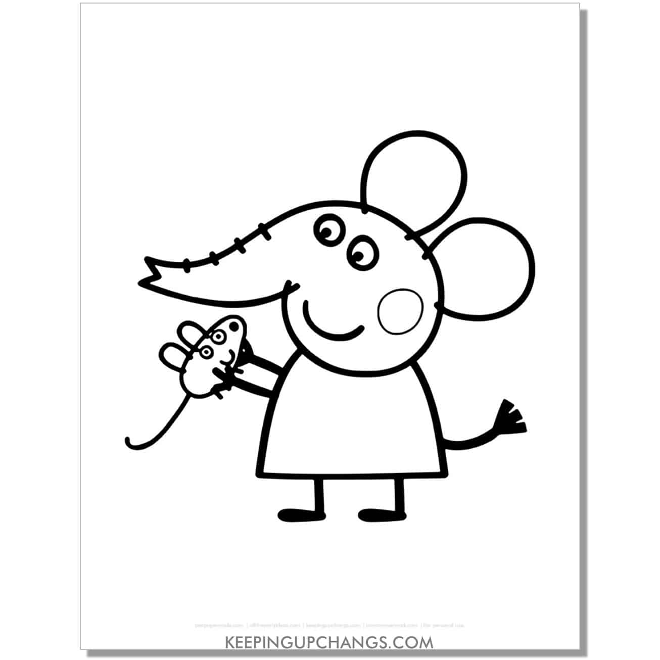 free emily elephant playing with mouse peppa pig coloring page, sheet.