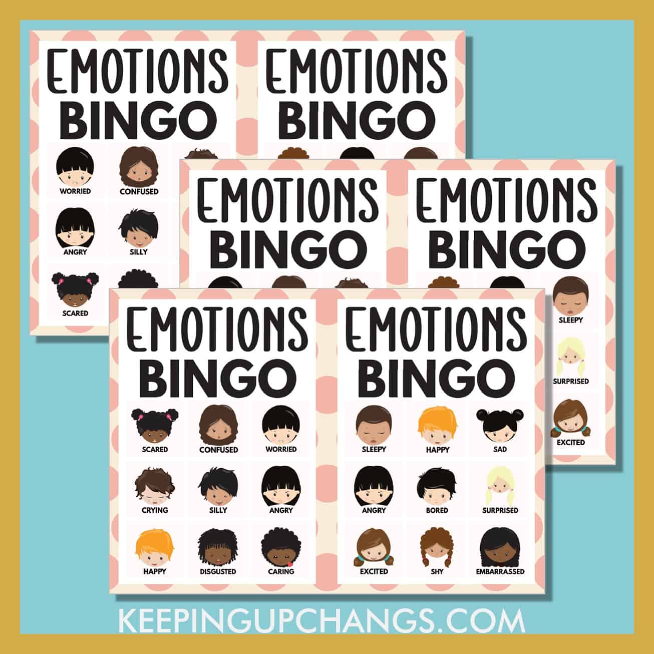 free emotions bingo 3x3 game cards.