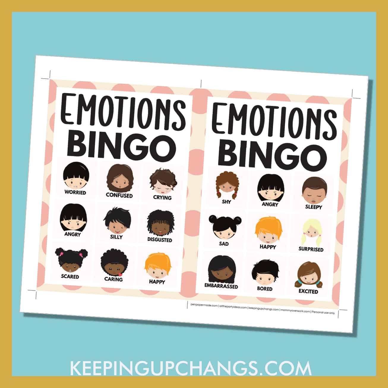 free emotions bingo card 3x3 5x7 game boards with images and text words.