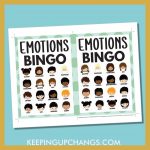 free emotions bingo card 4x4 5x7 game boards with images and text words.
