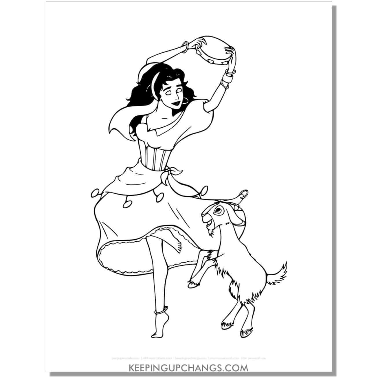 free esmeralda and djali dancing hunchback notre dame coloring page, sheet.