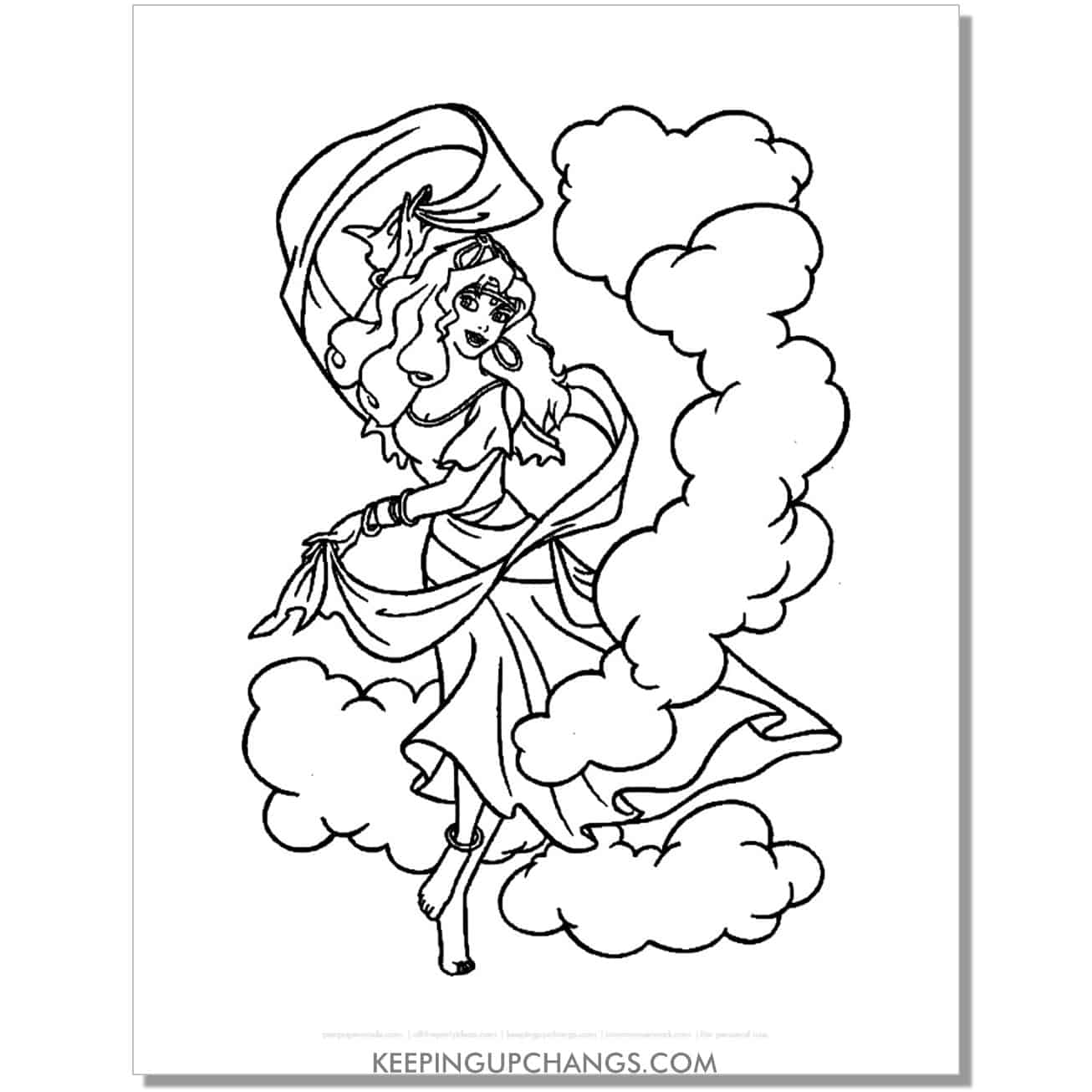 free esmeralda dancing among smoke hunchback notre dame coloring page, sheet.