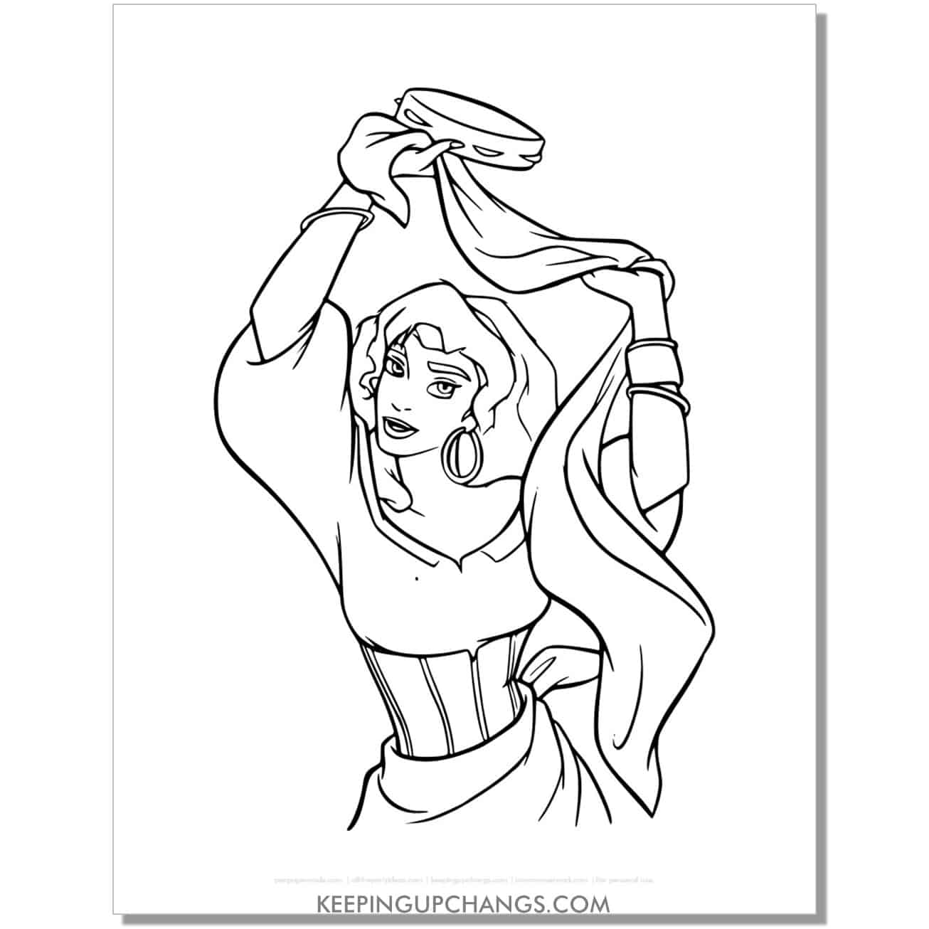 free esmeralda on tambourine hunchback notre dame coloring page, sheet.