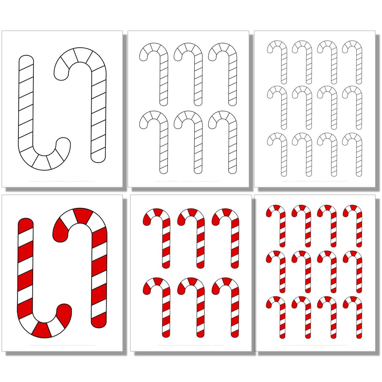 free small, medium, large classic candy cane template in black, white, color