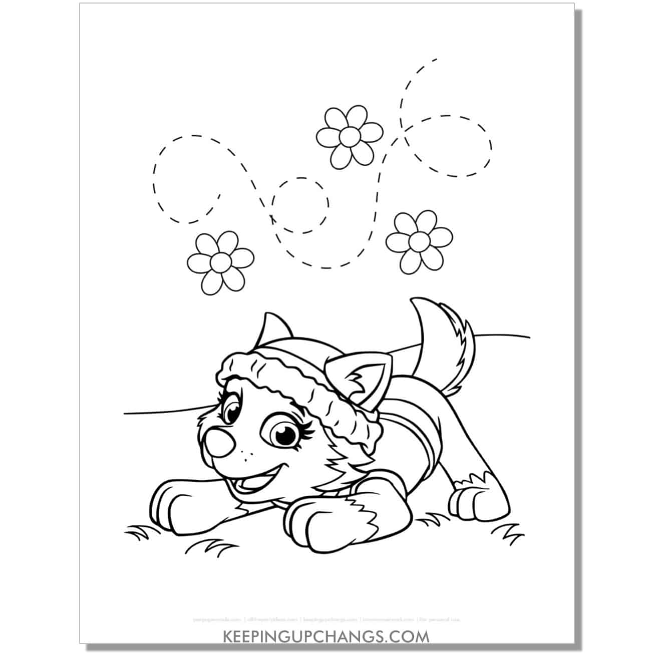 free everest with falling flower paw patrol coloring page, sheet.