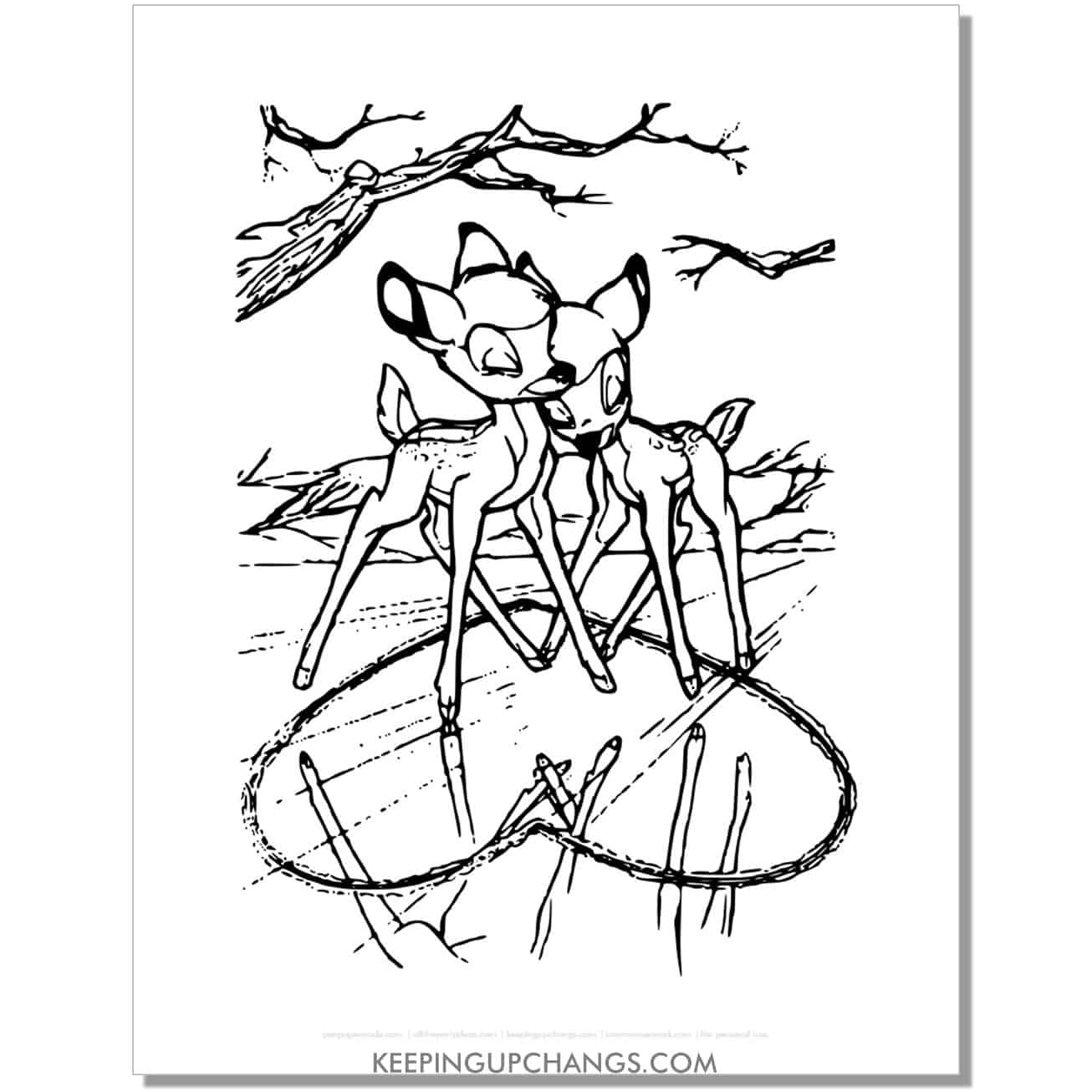 free faline and bambi with heart in the ice coloring page, sheet.