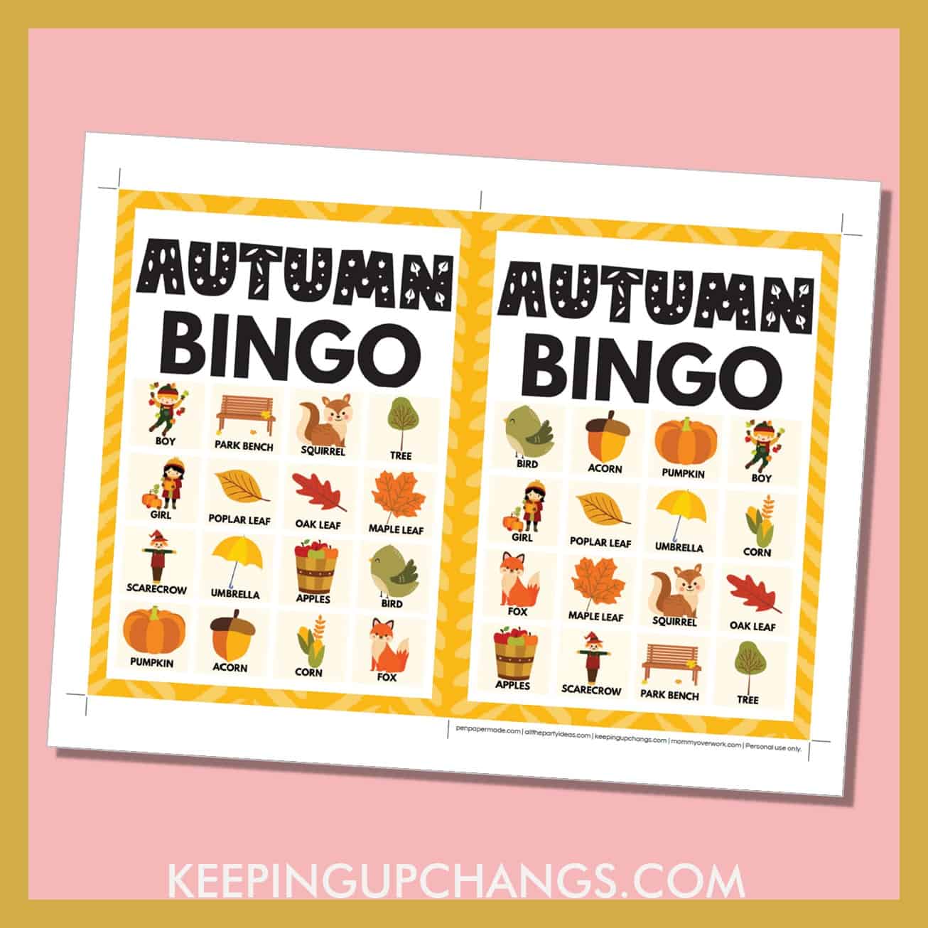 free fall autumn bingo card 4x4 5x7 game boards with images and text words.