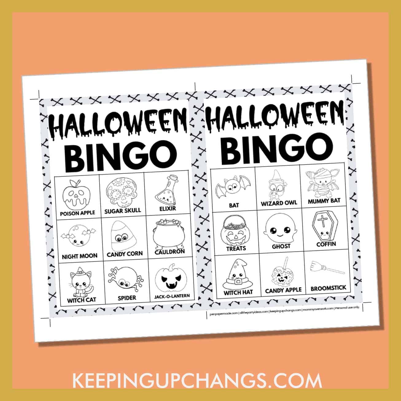 free fall halloween bingo card 3x3 5x7 black white coloring game boards with images and text words.
