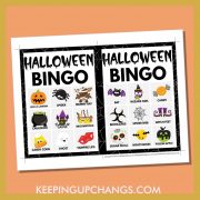free fall halloween bingo card 3x3 5x7 game boards with images and text words.