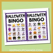 free fall halloween bingo card 4x4 5x7 game boards with images and text words.