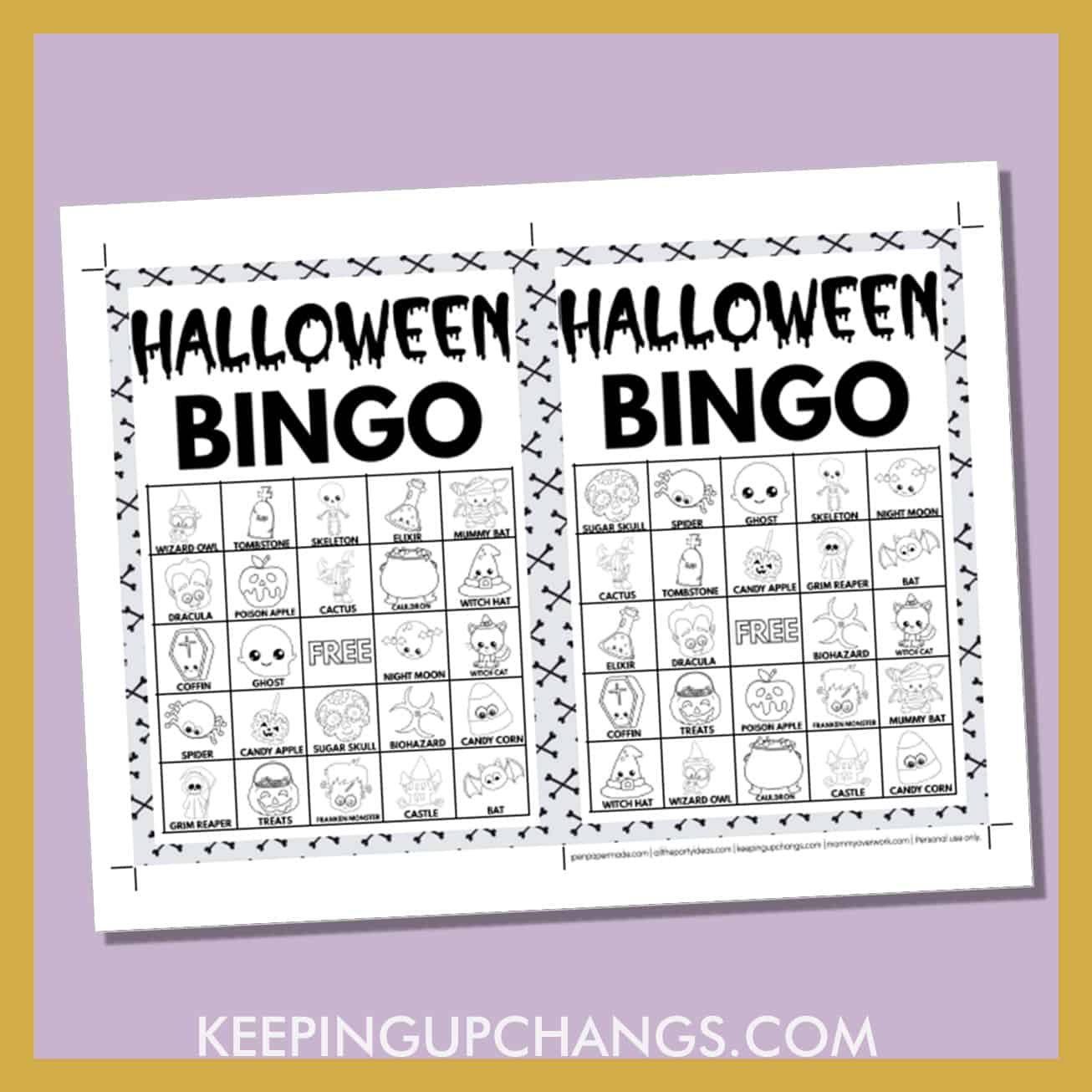 free fall halloween bingo card 5x5 5x7 black white coloring game boards with images and text words.