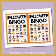 free fall halloween bingo card 5x5 5x7 game boards with images and text words.