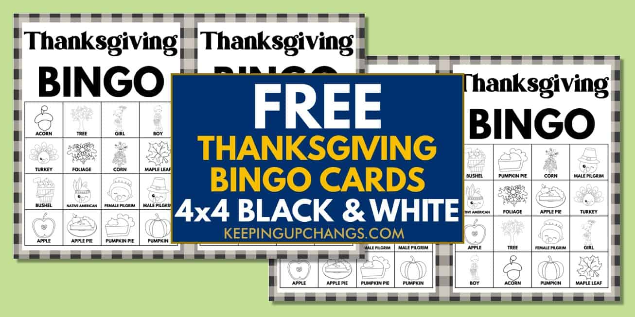 free fall thanksgiving bingo cards 4x4 black white coloring for party, school, group.