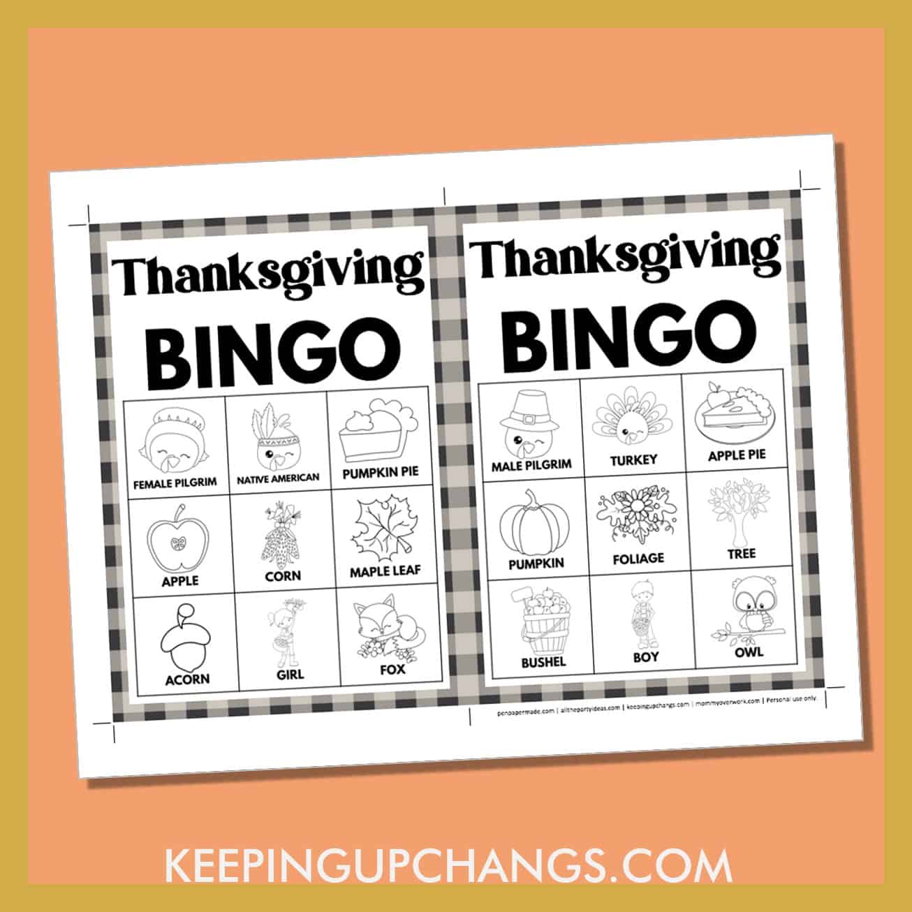 free fall thanksgiving bingo card 3x3 5x7 black white coloring game boards with images and text words.
