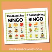 free fall thanksgiving bingo card 3x3 5x7 game boards with images and text words.