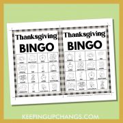 free fall thanksgiving bingo card 4x4 5x7 black white coloring game boards with images and text words.
