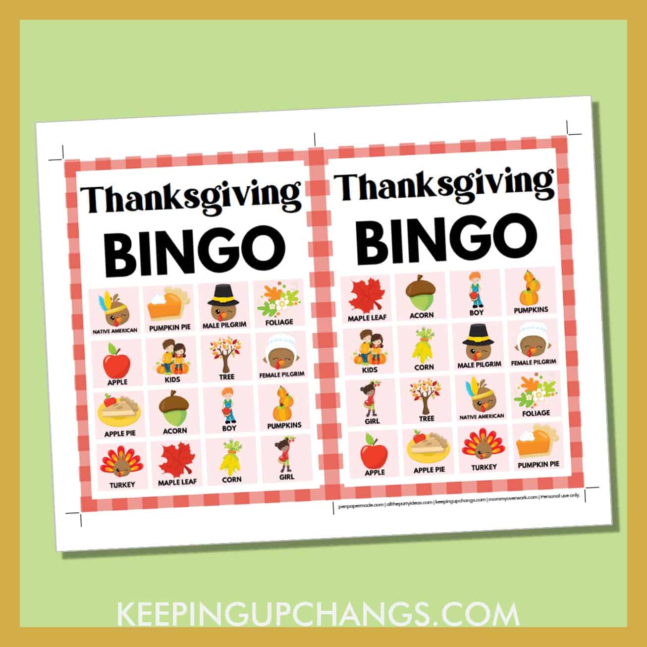 free fall thanksgiving bingo card 4x4 5x7 game boards with images and text words.