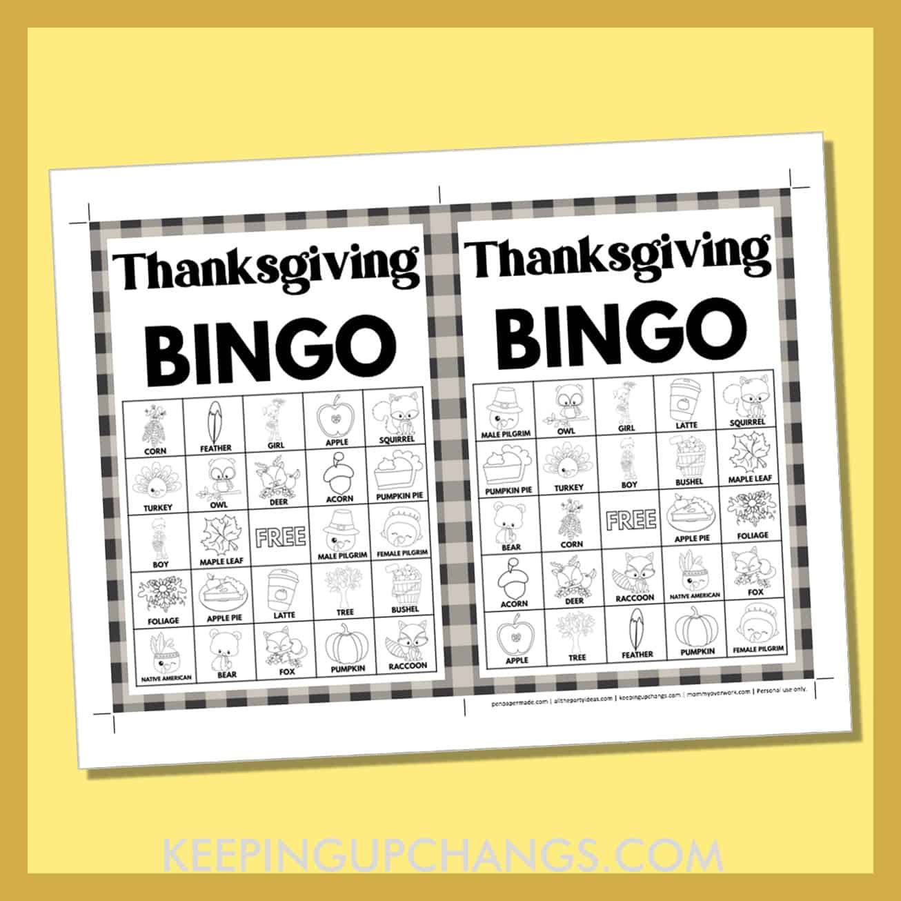 free fall thanksgiving bingo card 5x5 5x7 black white coloring game boards with images and text words.