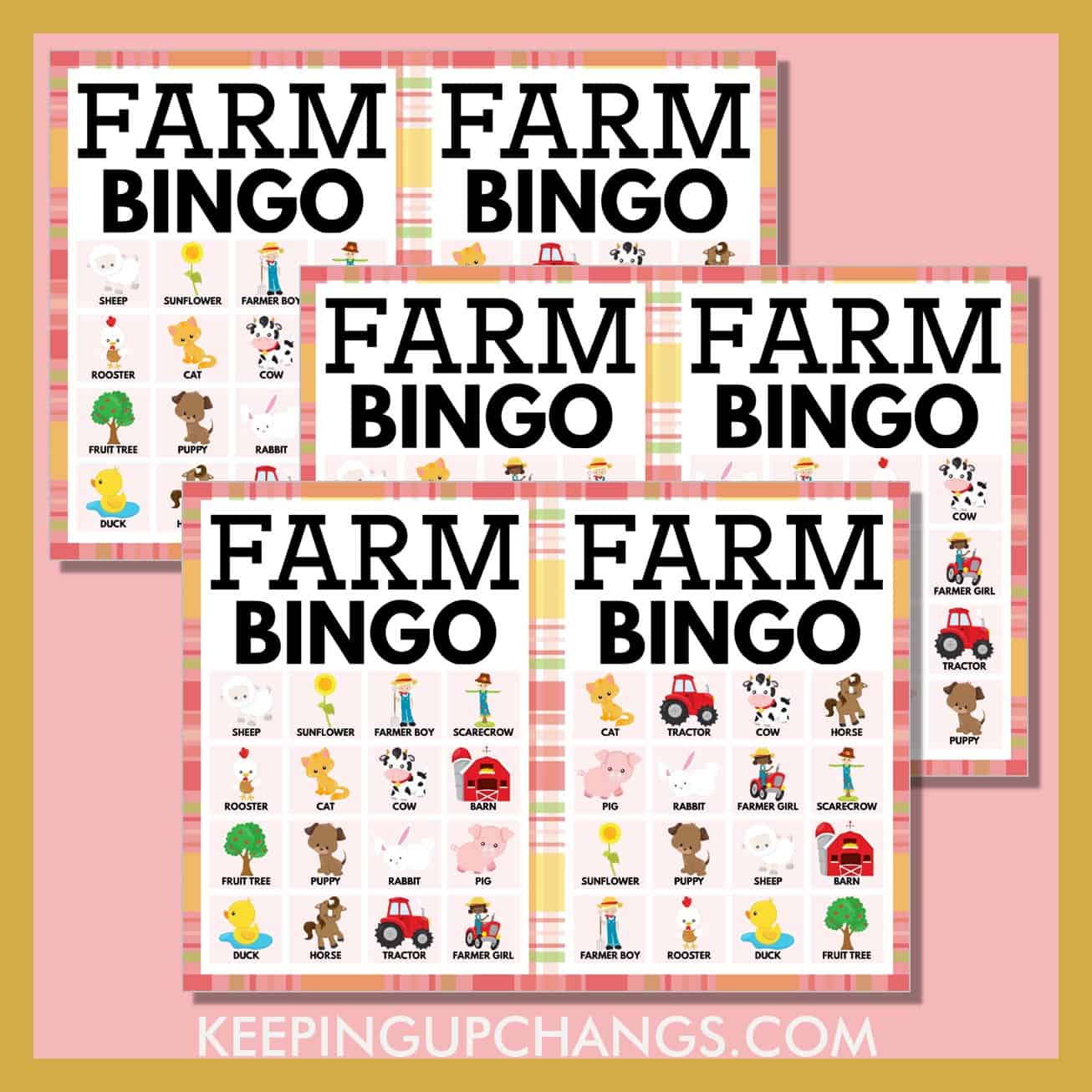 free farm animal bingo 4x4 game cards.