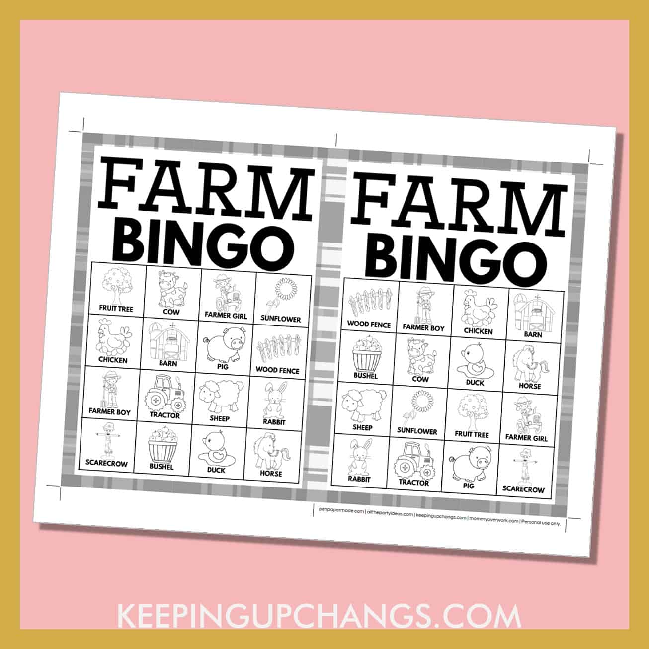 free farm bingo card 4x4 5x7 game boards with black, white images and text words.