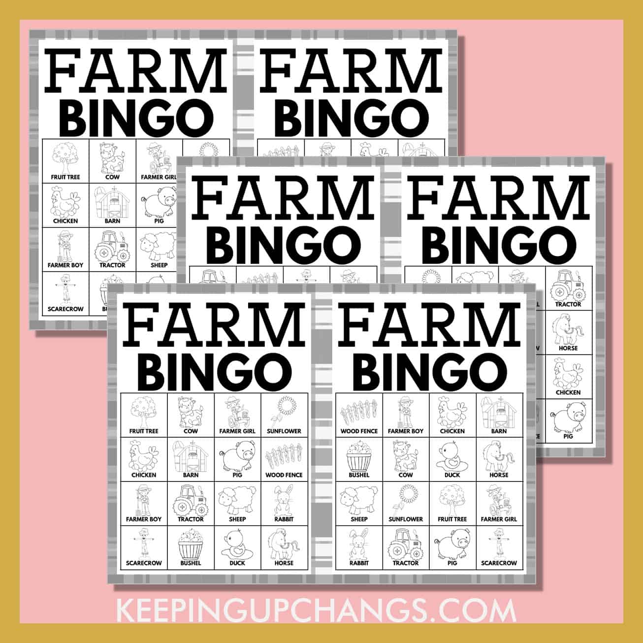 free black, white farm bingo 4x4 game cards.