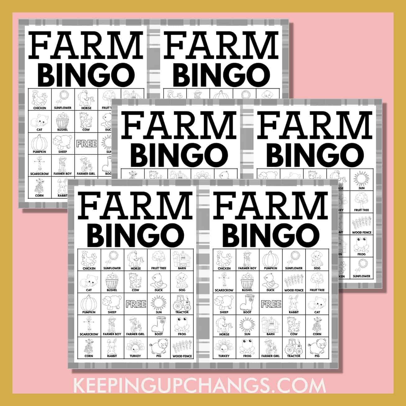 free black, white farm animal bingo 5x5 game cards.