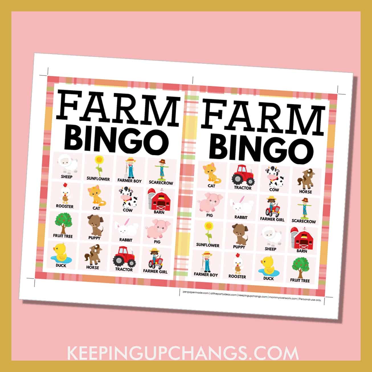 free farm bingo card 4x4 5x7 game boards with images and text words.
